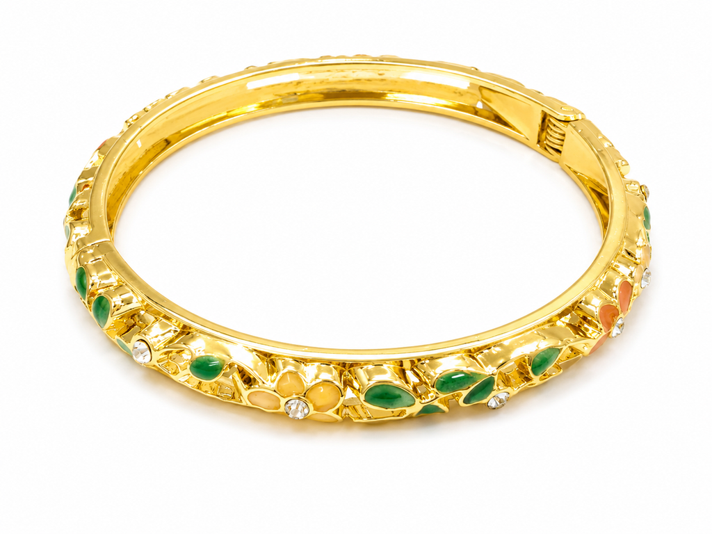 Brazalete floral dorado con cristales multicolor