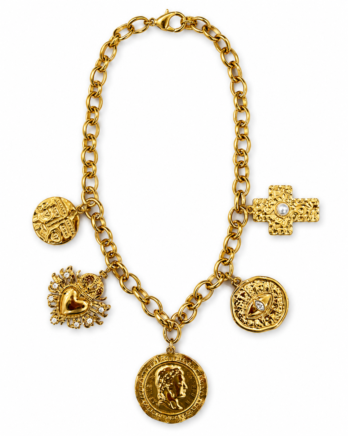 Collar dorado de acero tipo Y con colgantes ovalados y cristales