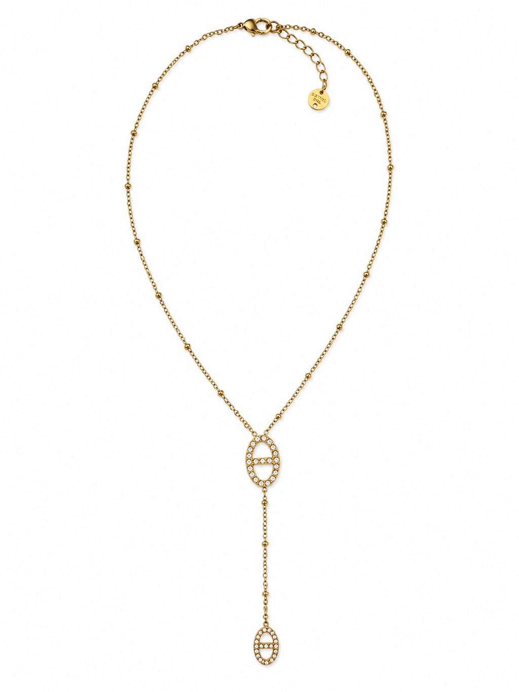 Collar dorado de acero tipo Y con colgantes ovalados y cristales