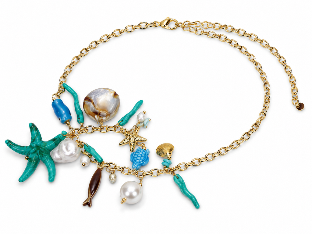 Collar dorado de acero tipo Y con colgantes ovalados y cristales