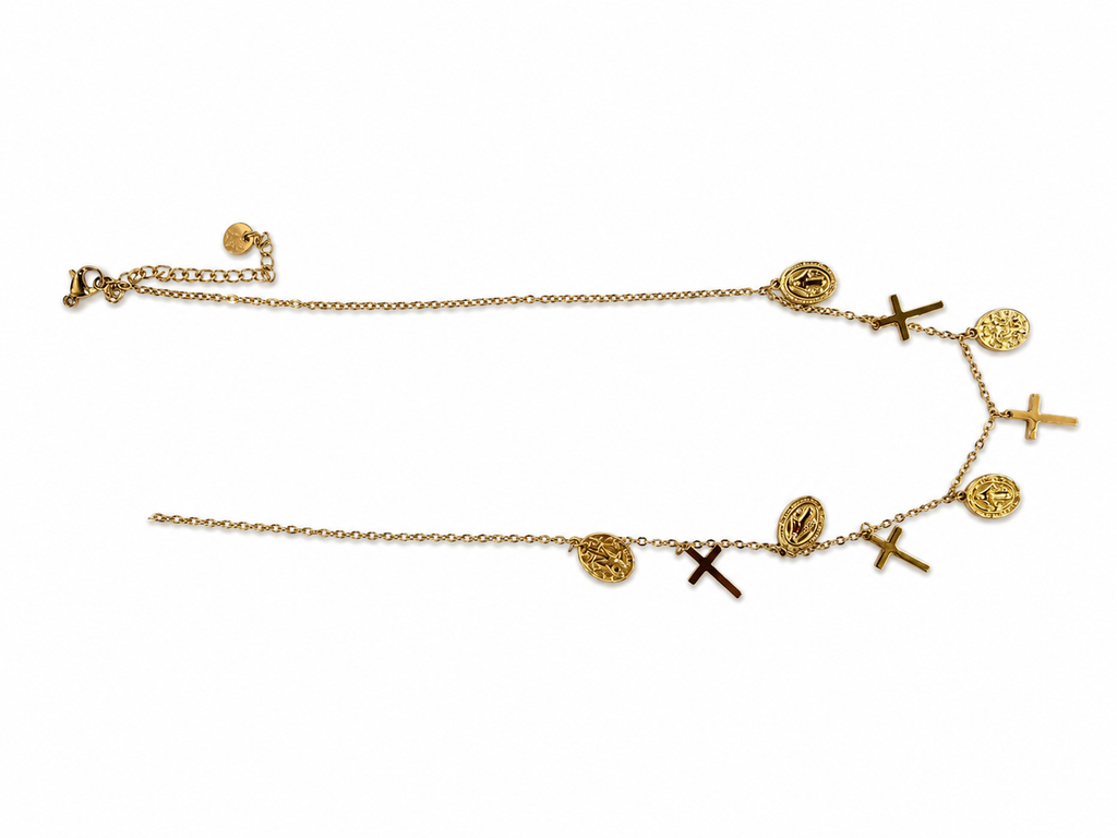 Collar dorado de acero tipo Y con colgantes ovalados y cristales